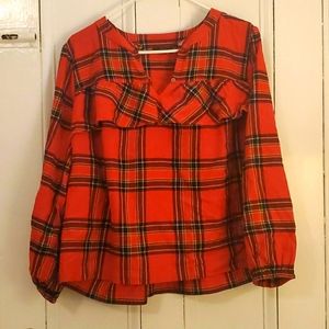 J. Crew festive flannel shirt with ruffle detail